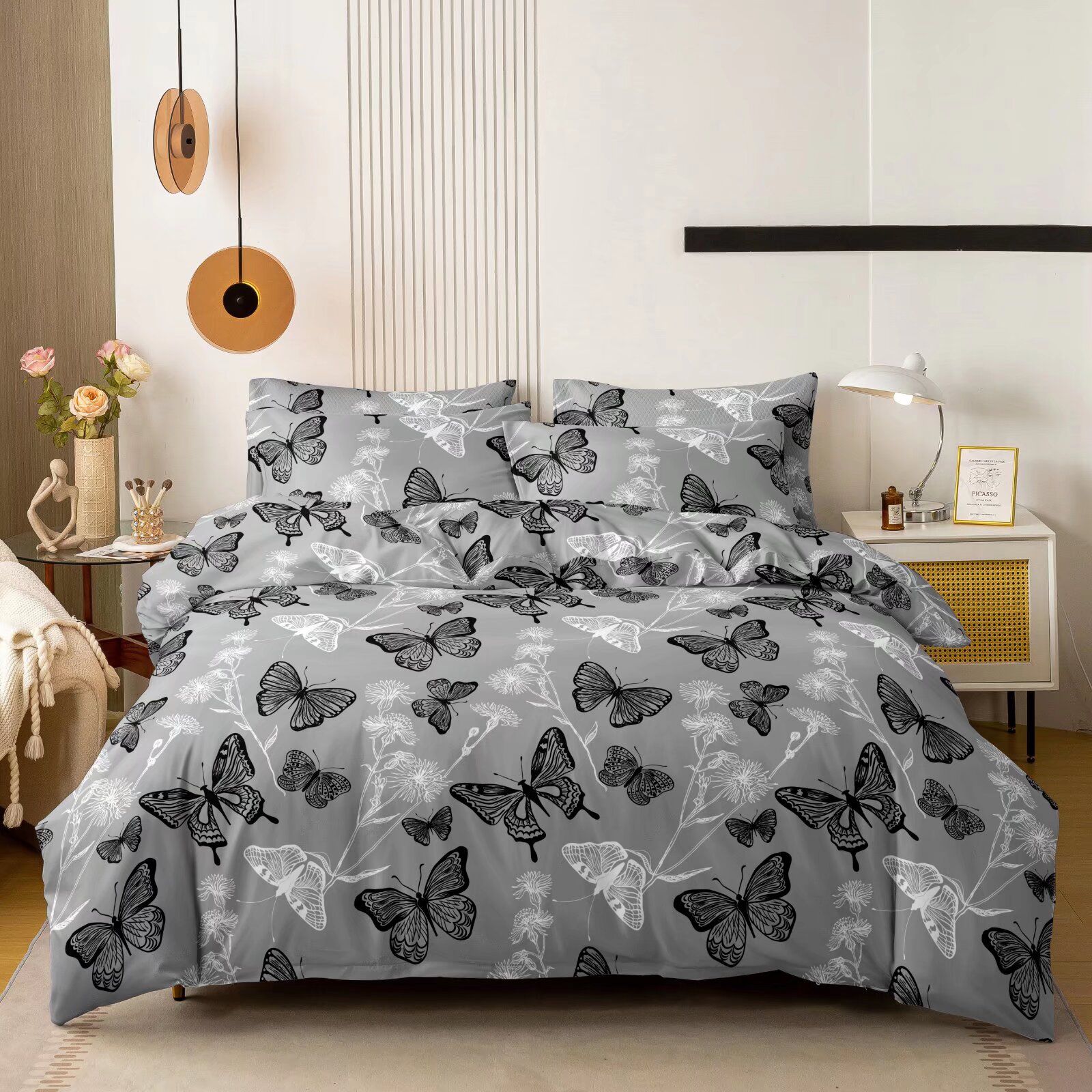 NOVINKA 2026 ! LUXUSNÍ  BAVLNĚNÉ POVLEČENÍ na 2 postele 140x200/70x90 - BUTTERFLY BLACK