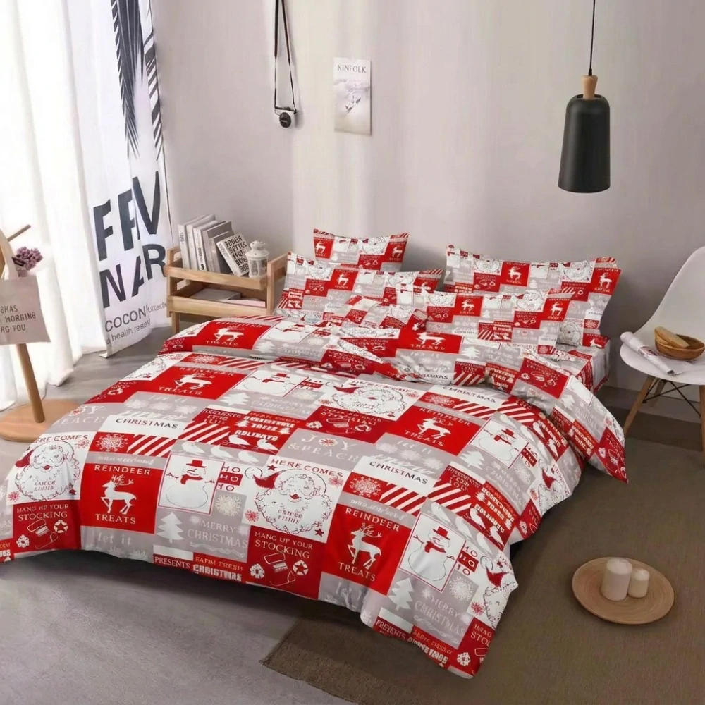 NOVINKA 2026 ! Sada vánočního bavlněného povlečení s 3D efektem pro 2 postele 140x200/70x90 cm – VÁNOCE / MERRY CHRISTMAS - BÍLÉ ČTVEREČKY + PROSTĚRADLO ZDARMA !