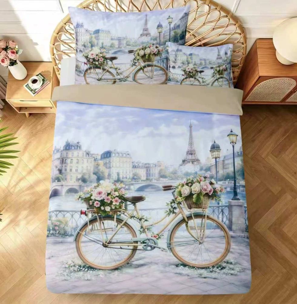 NOVINKA 2026 - Bavlněné 3D povlečení BICYKL S KVĚTINAMI POD EIFFELOVKOU pro 2 postele 140×200 / 70×90 cm + PROSTĚRADLO ZDARMA!