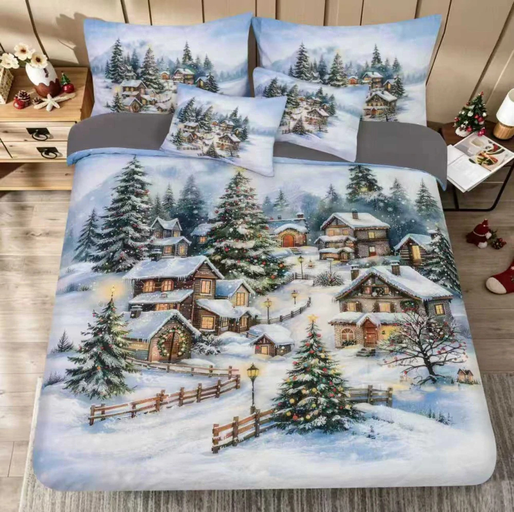 NOVINKA 2026 ! Sada vánočního Bavlněného povlečení na Francouzskou přikrývku 200x220/70x90 cm – s 3D efektem , MERRY CHRISTMAS VÁNOČNÍ - VÁNOČNÍ KRAJINKA V MODRÉM + prostěradlo ZDARMA! 
