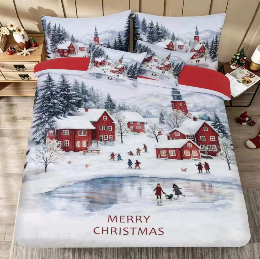 NOVINKA 2026 ! Sada vánočního Bavlněného povlečení na Francouzskou přikrývku 200x220/70x90 cm – s 3D efektem , MERRY CHRISTMAS VÁNOČNÍ - VÁNOČNÍ KRAJINKA V ČERVENÉM + prostěradlo ZDARMA! 