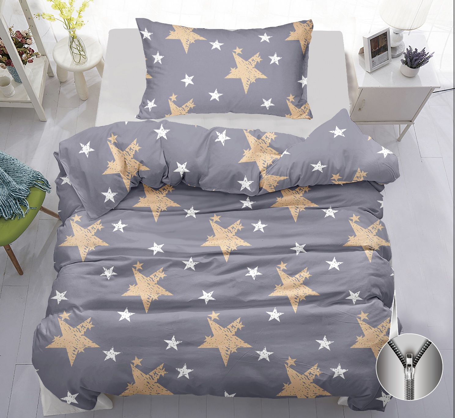 TOTÁLNY MASAKR CIEN - BAVLNENÉ OBLIEČKY 140x200/70x90 cm - HVIEZDY - ZLATÉ