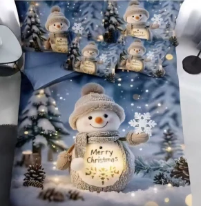 Novinka 2025 ! Sada vánočního Bavlněného povlečení na Francouzskou přikrývku 200x220/70x90 cm – s 3D efektem , MERRY CHRISTMAS VÁNOČNÍ - SNĚHULÁK SVÍTÍCÍ + prostěradlo ZDARMA! 
