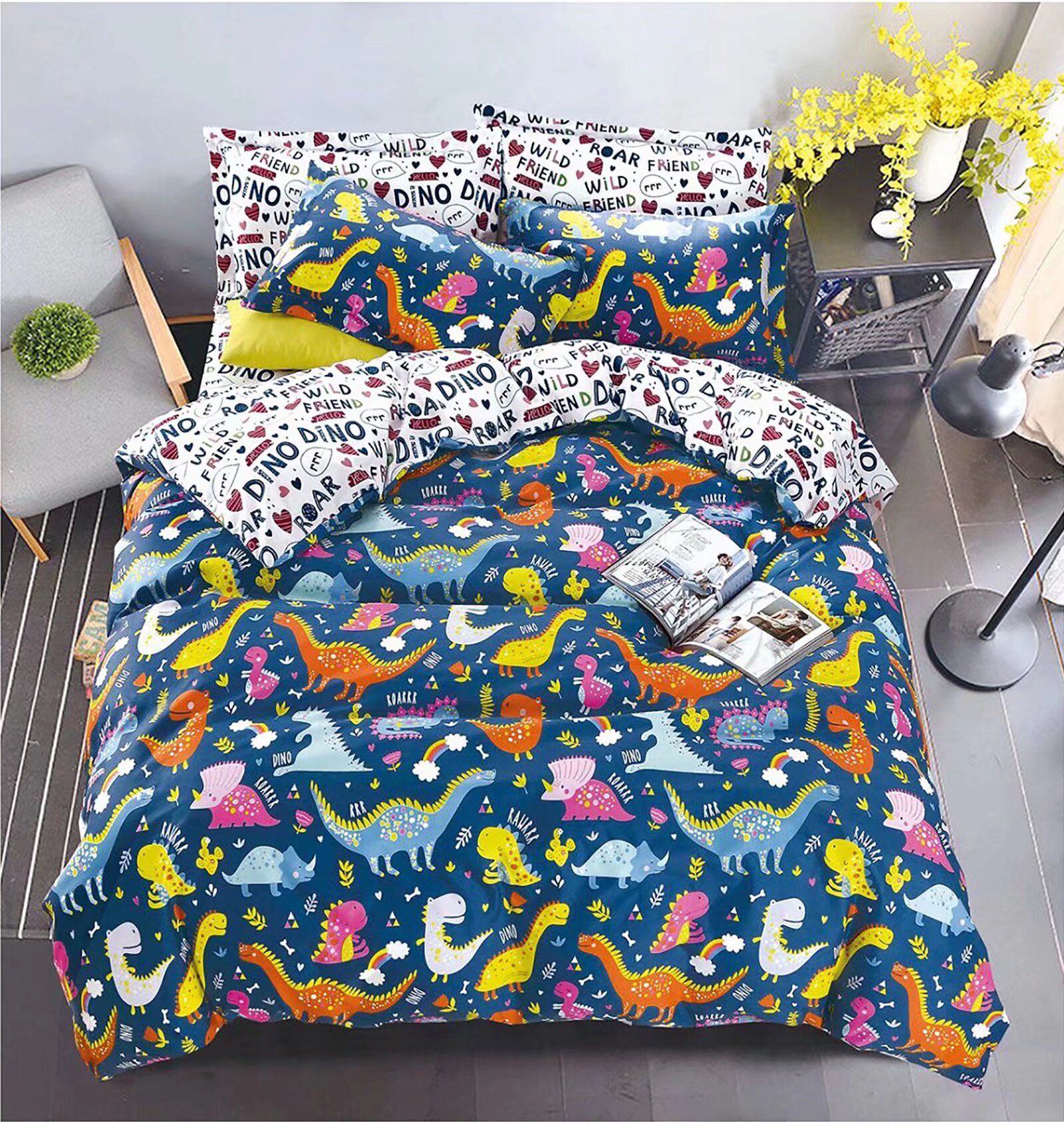 NOVINKA 2026 ! LUXUSNÍ BAVLNĚNÉ POVLEČENÍ na 2 postele 140x200/70x90 - DINO BLUE