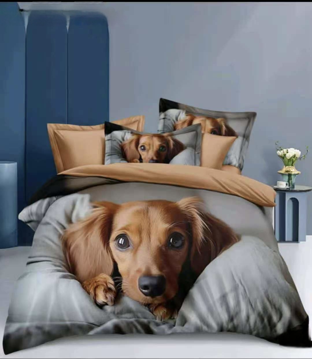Novinka 2026 ! Bavlněné povlečení s 3D efektem na 2 postele -140×200/70×90 cm - Štěně v pelíšku + prostěradlo zdarma