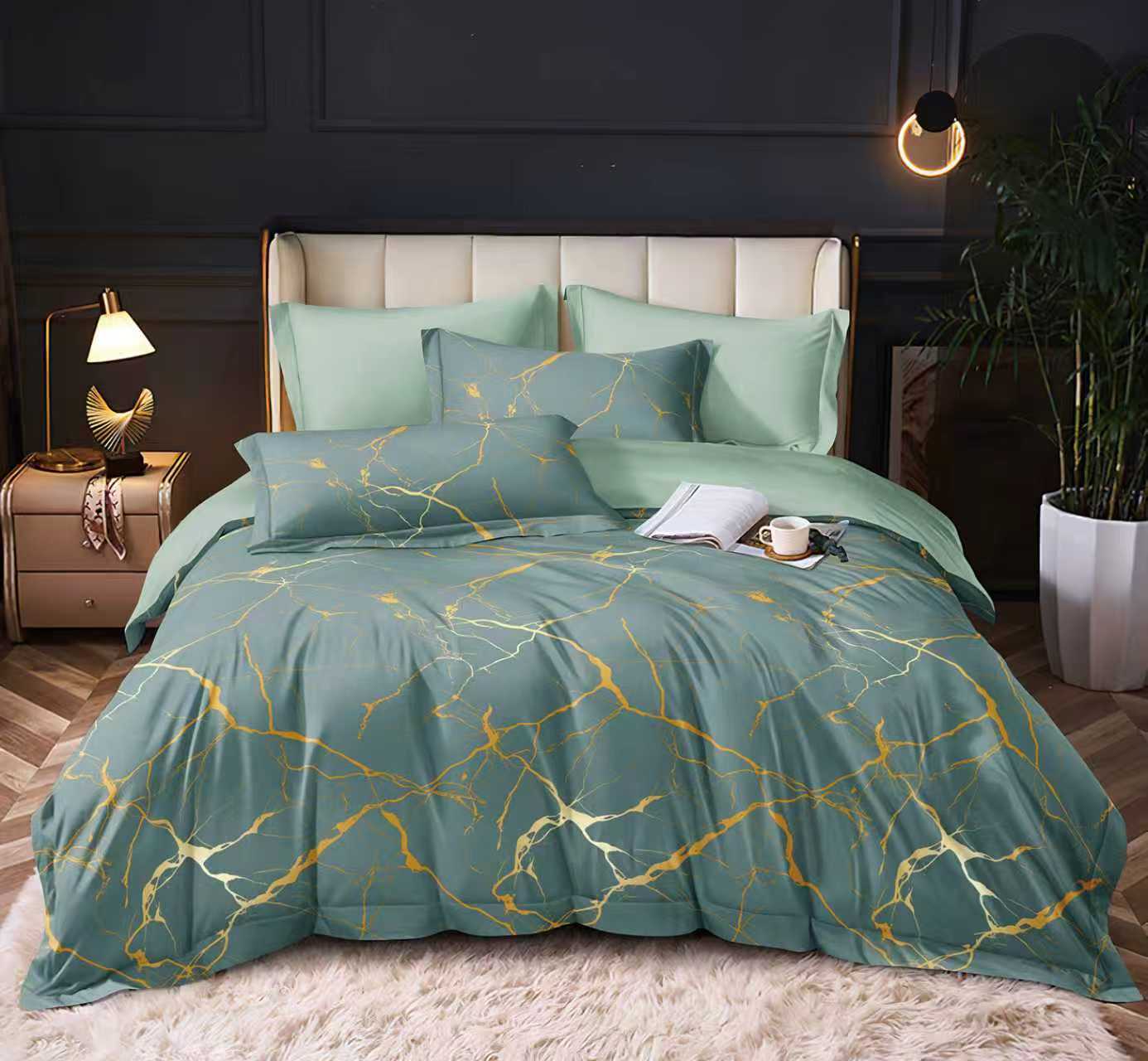 NOVINKA 2026 ! OBOUSTRANNÉ BAVLNĚNÉ POVLEČENÍ na 2 postele -140×200/70×90 cm - MRAMOR - ZELENÝ + prostěradlo zdarma !