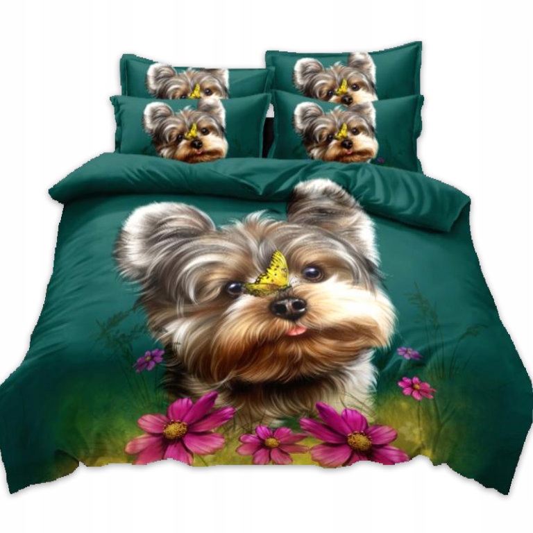 Luxusné bavlnené 3D obliečky JORKŠÍR S MOTÝLIKOM - francúzske 220×200 cm + 2 obliečky na vankúš + prestieradlo zadarmo -