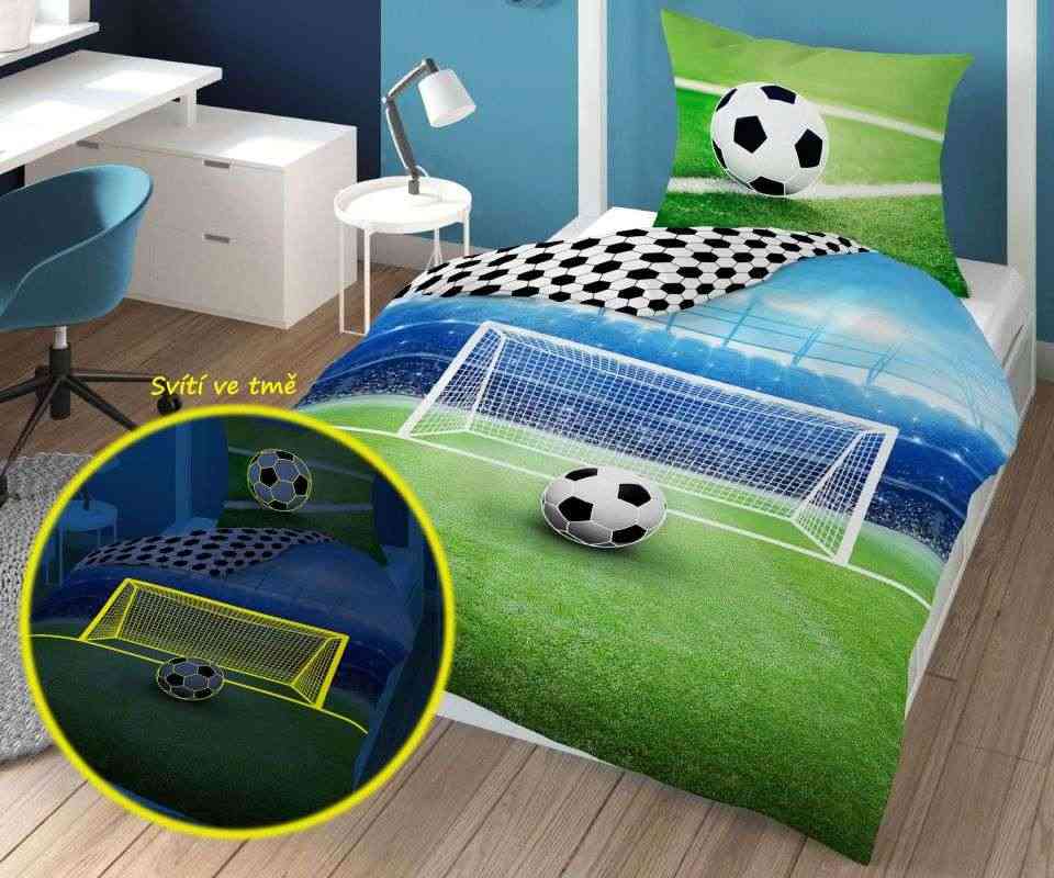 NOVINKA 2026 ! Svítící Bavlněné povlečení FOTBAL - BRANKA – oboustranné, 100% bavlna 140×200 / 70×80 cm (NOVINKA 2026)