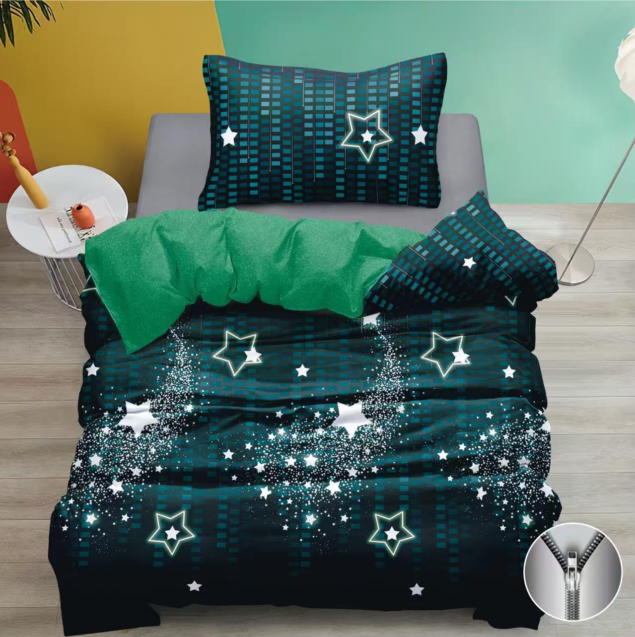 CENOVÝ TRHÁK ! LUXUSNÍ BAVLNĚNÉ POVLEČENÍ - Green Happy Stars 140x200/70x90cm 