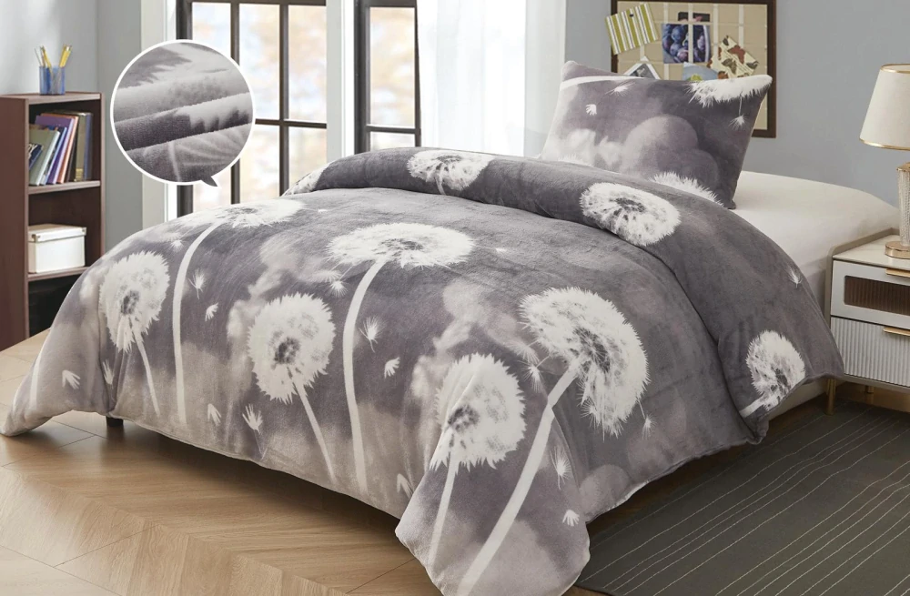 7DÍLNÝ MIKROPLYŠOVÝ KOMPLET NA 2 POSTELE – PAMPELIŠKY ŠEDÉ + Mikroplyšové prostěradlo 180×200 cm + 2× jednobarevný povlak na polštářek 40×40 cm
