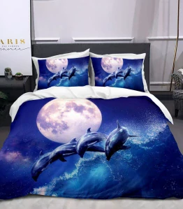 NOVINKA 2026 - Bavlněné 3D povlečení DELFÍNI PŘI MĚSÍČNÍM ÚPLŇKU pro 2 postele 140×200 / 70×90 cm + PROSTĚRADLO ZDARMA!