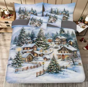 NOVINKA 2026 ! Sada vánočního Bavlněného povlečení na Francouzskou přikrývku 200x220/70x90 cm – s 3D efektem , MERRY CHRISTMAS VÁNOČNÍ - VÁNOČNÍ KRAJINKA V MODRÉM + prostěradlo ZDARMA! 