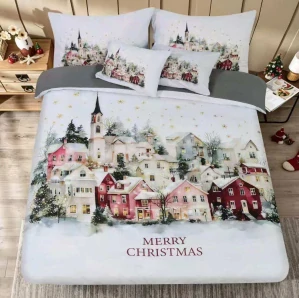 NOVINKA 2026 ! Sada vánočního Bavlněného povlečení na Francouzskou přikrývku 200x220/70x90 cm – s 3D efektem , MERRY CHRISTMAS VÁNOČNÍ - VÁNOČNÍ KRAJINKA - MĚSTEČKO + prostěradlo ZDARMA! 