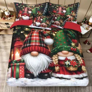 NOVINKA 2026 ! Sada vánočního Bavlněného povlečení na Francouzskou přikrývku 200x220/70x90 cm – s 3D efektem , MERRY CHRISTMAS VÁNOČNÍ - SKŘÍTEK A SKŘÍTČICE V ČERVENÉM + prostěradlo ZDARMA! 