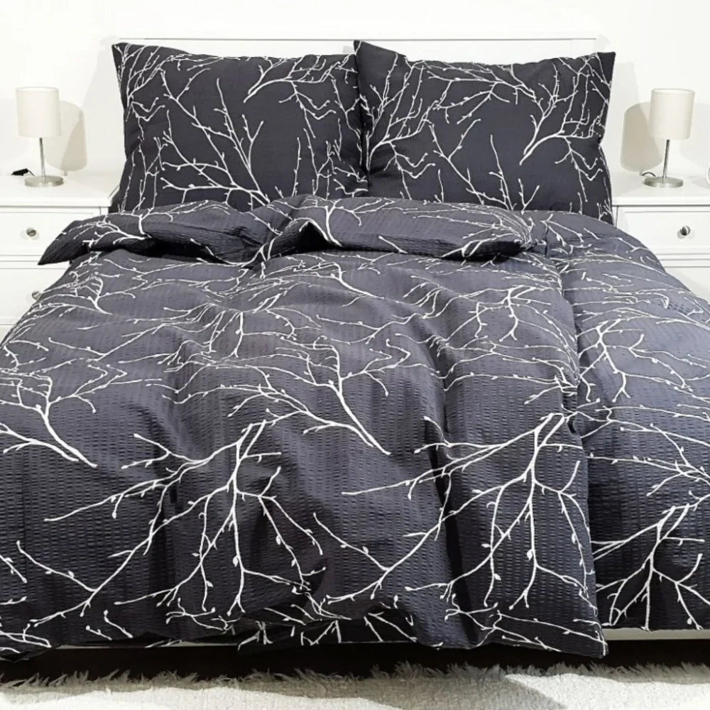 LUXUSNÉ OBOJSTRANNÉ PREDĹŽENÉ KREPOVÉ OBLIEČKY 140x220/70x90 - VETVIČKY ŠEDÉ