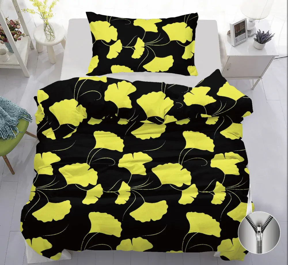 TOTÁLNÍ VÝPRODEJ ! BAVLNĚNÉ POVLEČENÍ 140x200/70x90 cm - KYTIČKY ČERNO - ŽLUTÉ