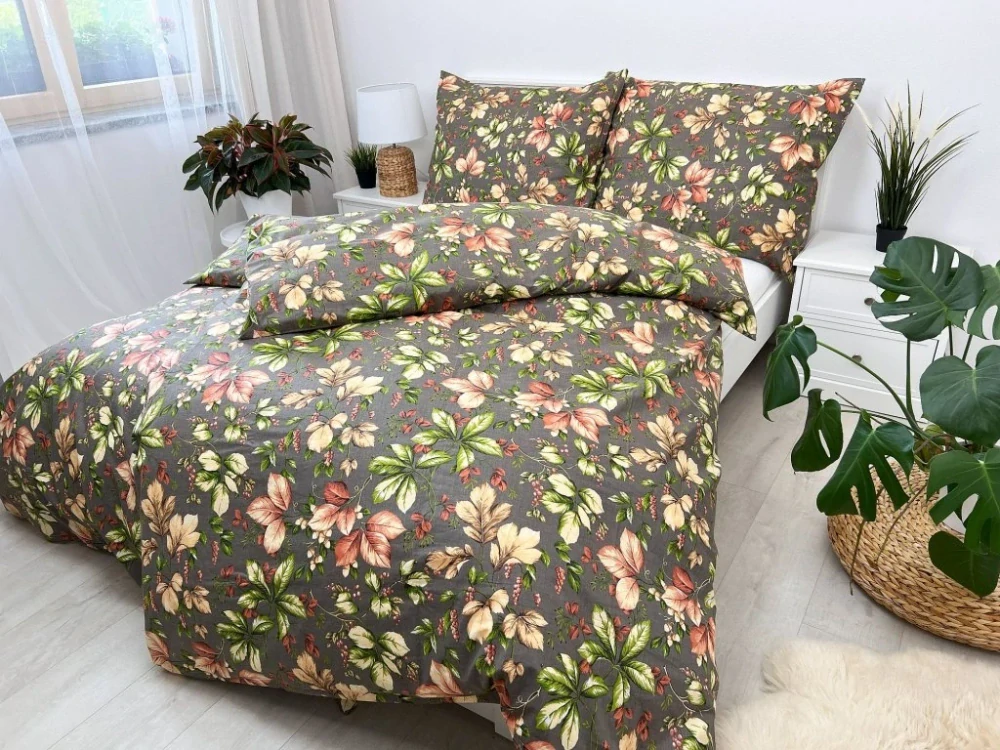 LUXUSNÉ PREDĹŽENÉ BAVLNENÉ OBLIEČKY DE LUXE 140x220/70x90cm JESEŇ ŠEDO - HNEDÝ