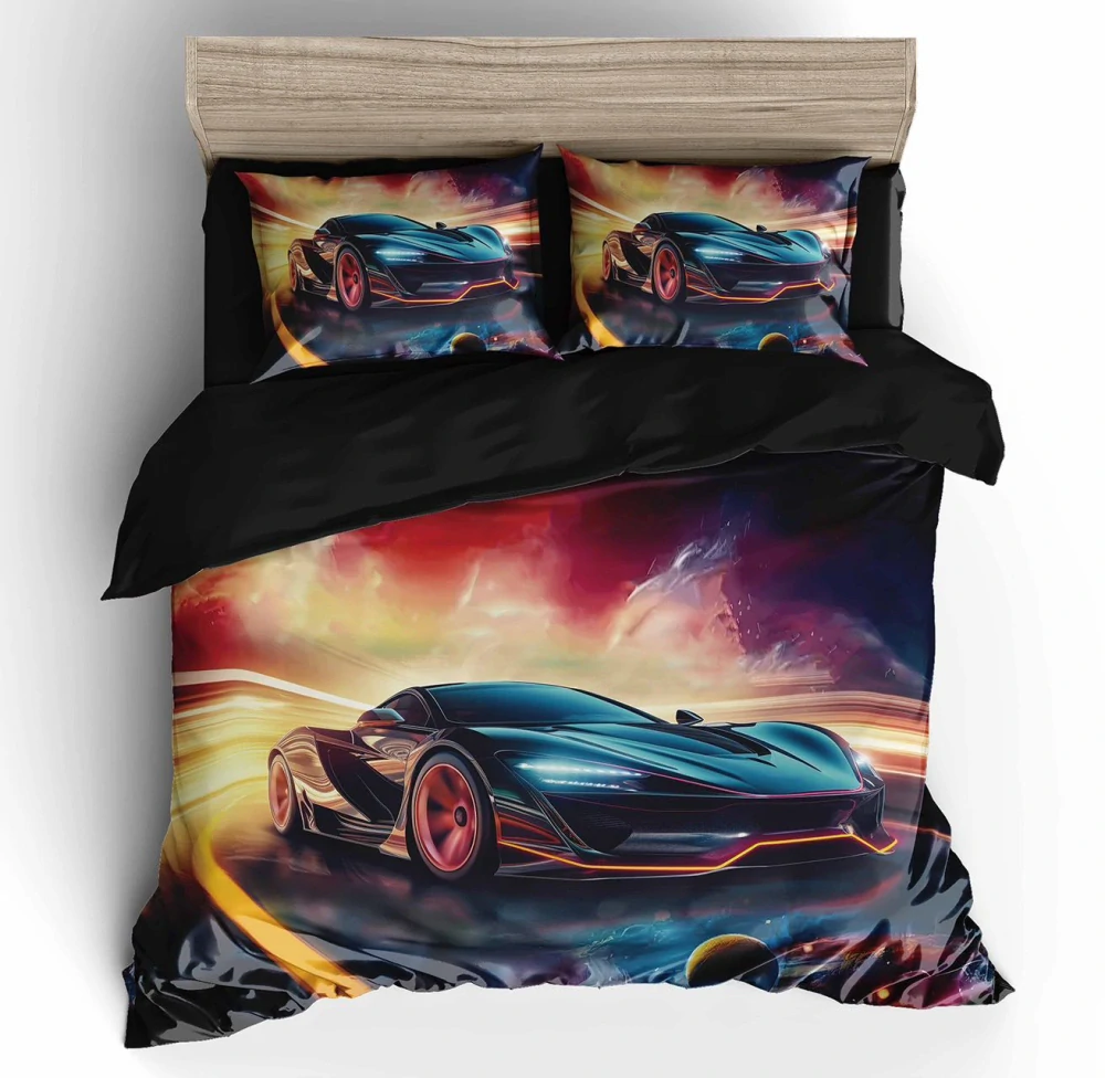 NOVINKA 2026 ! Sada Bavlněného povlečení na 2 postele s 3D EFEKTEM 70x90/140x200cm - MAGIC CARS + PROSTĚRADLO ZDARMA !