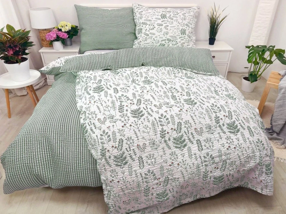 LUXUSNÉ predĺžené OBOJSTRANNÉ KREPOVÉ OBLIEČKY 140x220/70x90 - HERBÁR - ZELENÝ