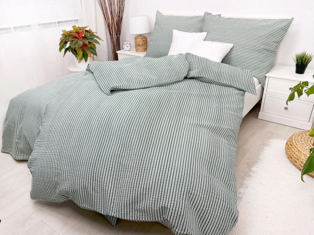 LUXUSNÉ PREDĹŽENÉ KREPOVÉ OBLIEČKY 140x220/70x90 - PRUHY ZELENÉ