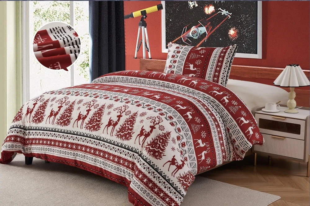 TOTÁLNÍ MASAKR CEN !  POVLEČENÍ MIKROPLYŠ NA 2 POSTELE 70x90/140x200cm - WINTER - WINE + PROSTĚRADLO ZDARMA !