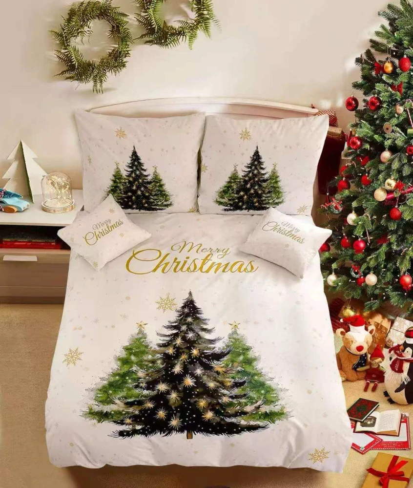  TOTÁLNÍ MASAKR CEN ! Sada vánočního Bavlněného povlečení na Francouzskou přikrývku 200x220/70x90 cm – s 3D efektem , MERRY CHRISTMAS VÁNOČNÍ STROMEČEK + povlak na polštářek zdarma 