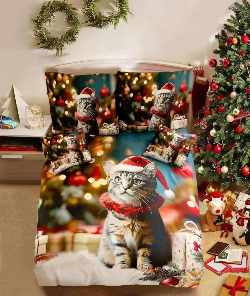  TOTÁLNY MASAKR CIEN - Sada vianočných Bavlnených obliečok na Francúzsku prikrývku 200x220/70x90 cm - s 3D efektom , MERRY CHRISTMAS KOTE VO SVIATKOVO + obliečka na vankúšik 