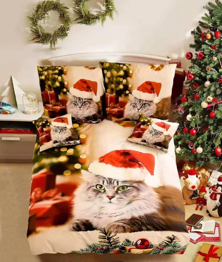  TOTÁLNY MASAKR CIEN - Sada vianočných bavlnených obliečok s 3D efektom pre 2 postele 140x200/70x90 cm - VIANOCE / MERRY CHRISTMAS - VIANOČNÉ KOTE + prestieradlo zadarmo