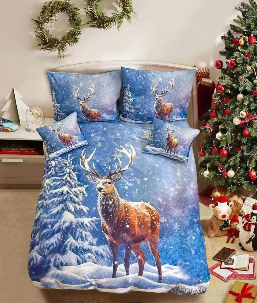 TOTÁLNÍ MASAKR CEN ! Sada vánočního bavlněného povlečení s 3D efektem pro 2 postele 140x200/70x90 cm – VÁNOCE / MERRY CHRISTMAS - JELEN zimní motiv + prostěradlo zdarma