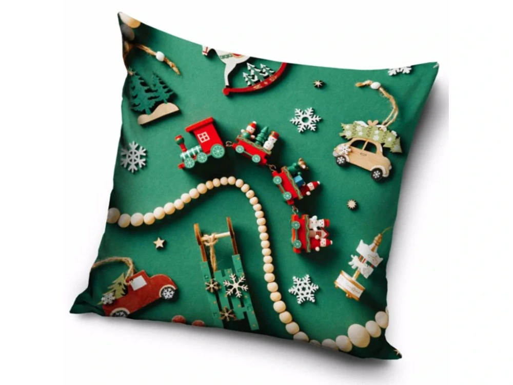 Vánoční Sametový dekorační polštářek Vánoční vláček 40x40 cm