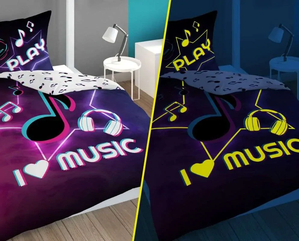 Svítící povlečení I LOVE MUSIC – oboustranné, 100% bavlna 140×200 / 70×80 cm (NOVINKA 2026)