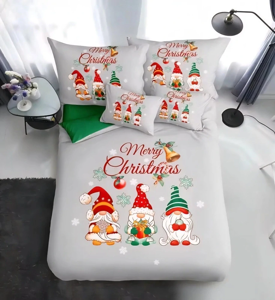 TOTÁLNÍ MASAKR CEN !  Bavlněná vánoční sada povlečení s 3D efektem 140x200/70x90 cm - VÁNOCE - MERRY CHRISTMAS Skřítci šedé 140x200/70x90cm + POVLAK  POLŠTÁŘEK ZDARMA !