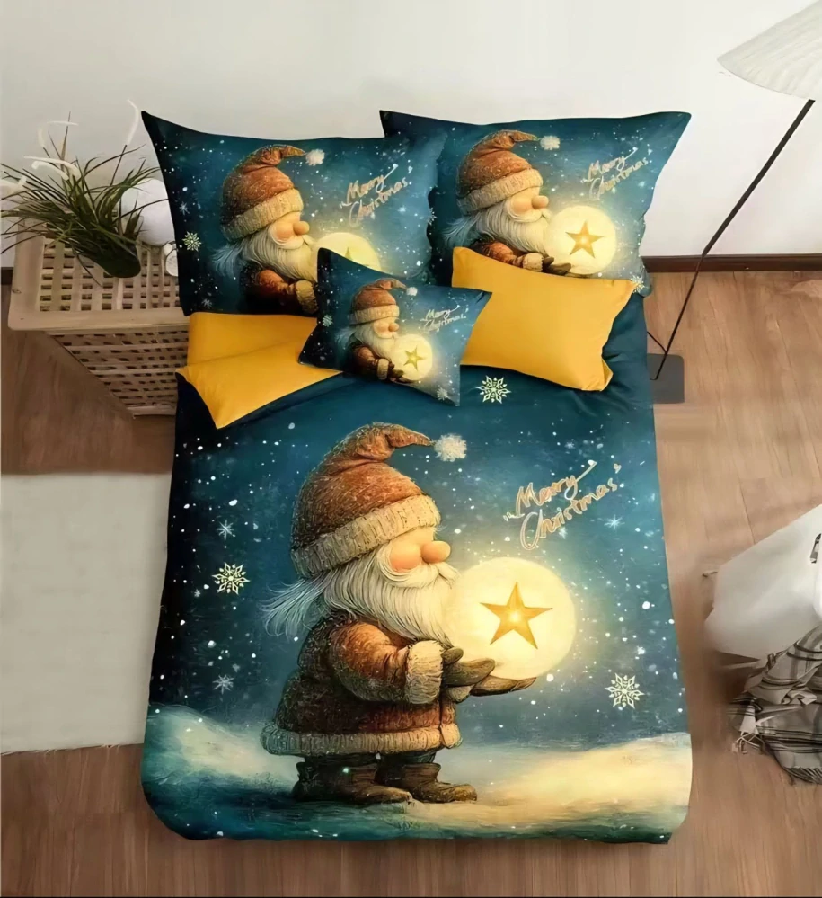 TOTÁLNÍ MASAKR CEN! Sada vánočního bavlněného povlečení s 3D efektem pro 2 postele 140x200/70x90 cm – VÁNOCE / MERRY CHRISTMAS - Skřítek s hvězdou + PROSTĚRADLO ZDARMA !