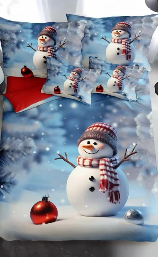TOTÁLNÍ MASAKR CEN! Sada vánočního bavlněného povlečení s 3D efektem pro 2 postele 140x200/70x90 cm – VÁNOCE / MERRY CHRISTMAS - Sněhuláček + PROSTĚRADLO ZDARMA !