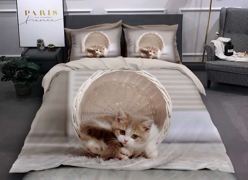  TOTÁLNÍ MASAKR CEN !  Bavlněné 3D povlečení „Roztomilé Kotě v košíčku“ pro 2 postele 140×200/70×90 + prostěradlo zdarma