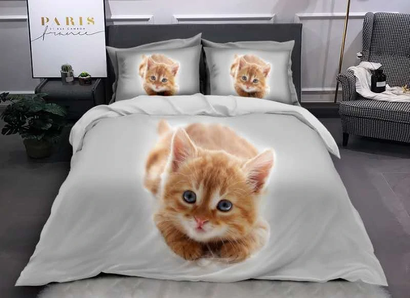  TOTÁLNÍ MASAKR CEN !  Bavlněné 3D povlečení „Roztomilé Zrzavé Kotě“ pro 2 postele 140×200/70×90 + prostěradlo zdarma