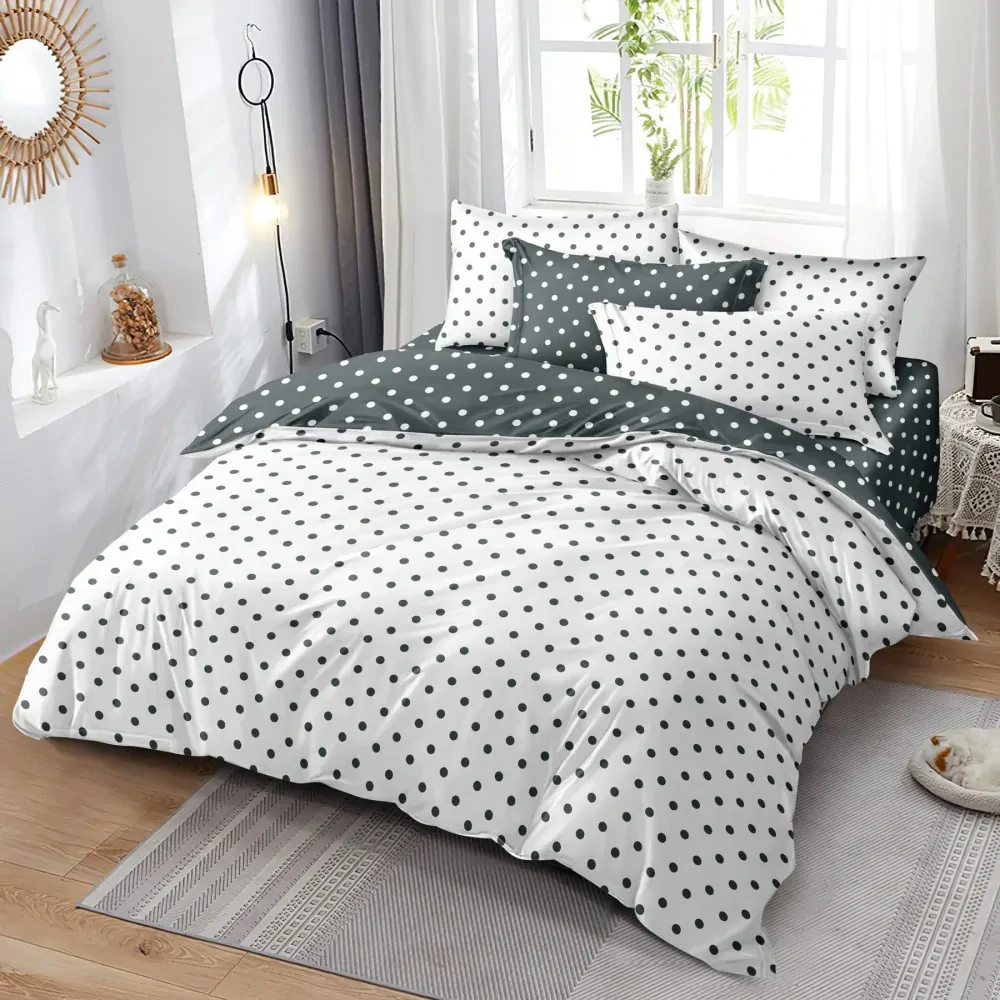 MEGA AKCIA - Luxusné obojstranné obliečky DUO na 2 postele 140x200/70x90 cm - Bodky šedo-biele, 100% bavlna + prestieradlo ZADARMO -