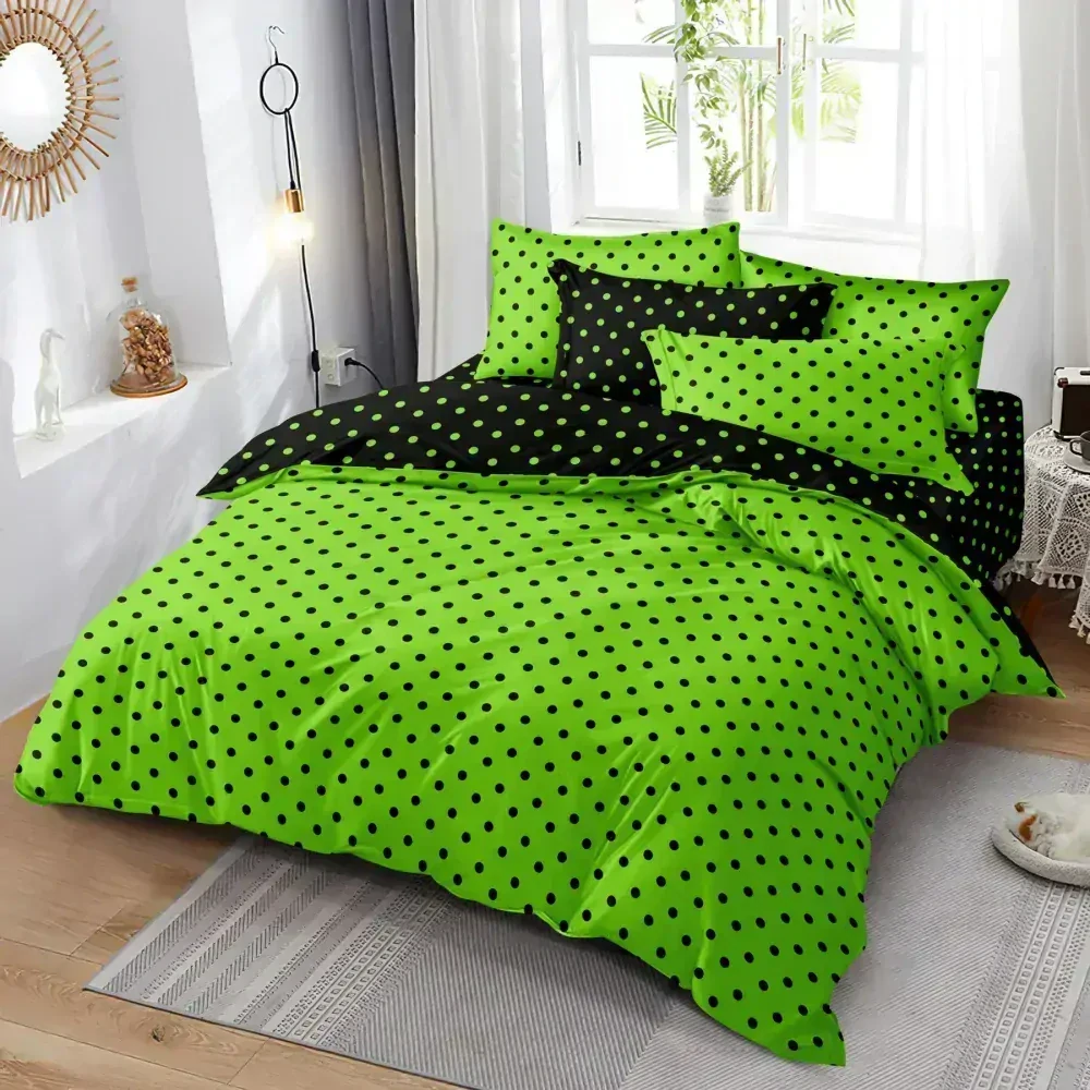 Luxusní oboustranné povlečení DUO na 2 postele 140x200/70x90 cm – Puntíky černo - zelené , 100% bavlna + prostěradlo ZDARMA !