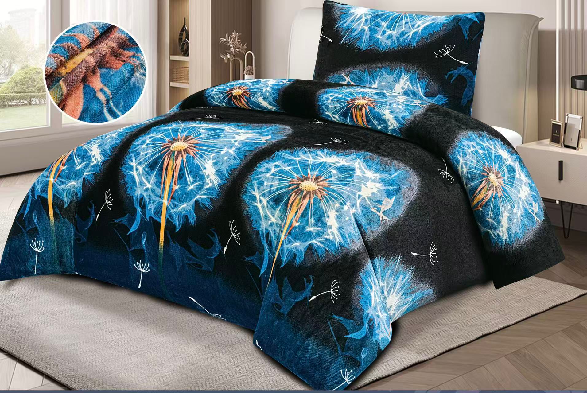 NOVINKA 2026 - OBLIEČKY MIKROPLYŠ NA 2 POSTELE 70x90/140x200cm - PAMPELIŠKY MODRÉ + PROSTIERADLO ZADARMO -