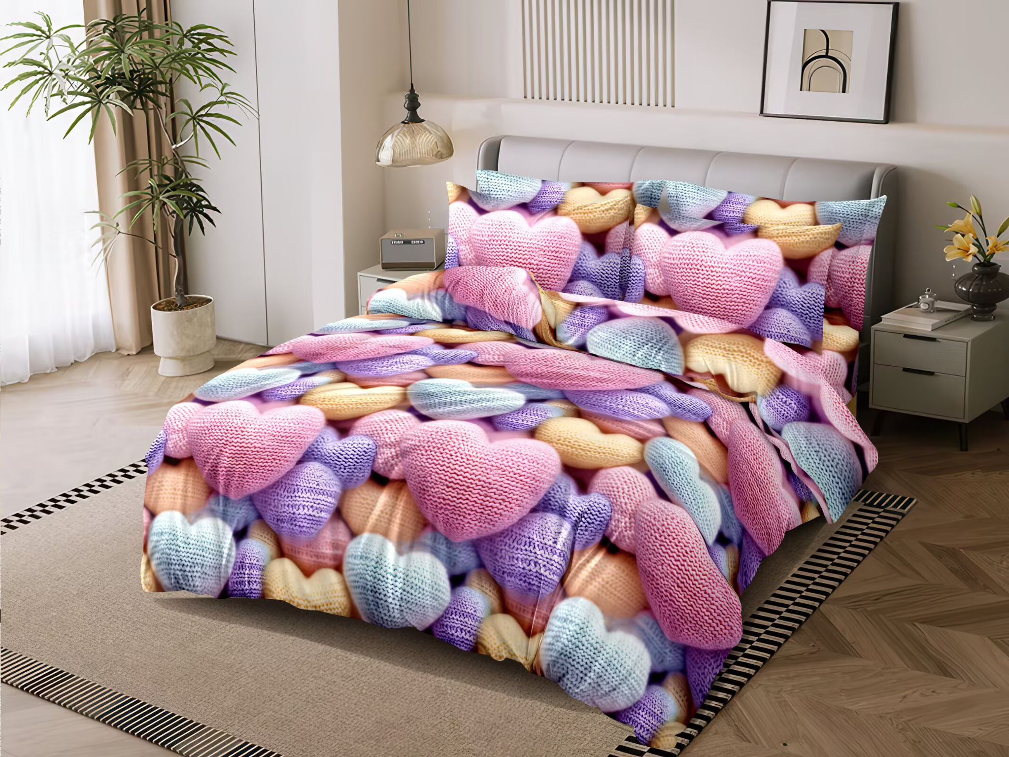 NOVINKA 2026 ! LUXUSNÍ  BAVLNĚNÉ POVLEČENÍ na 2 postele 140x200/70x90 - PLETENÁ SRDÍČKA