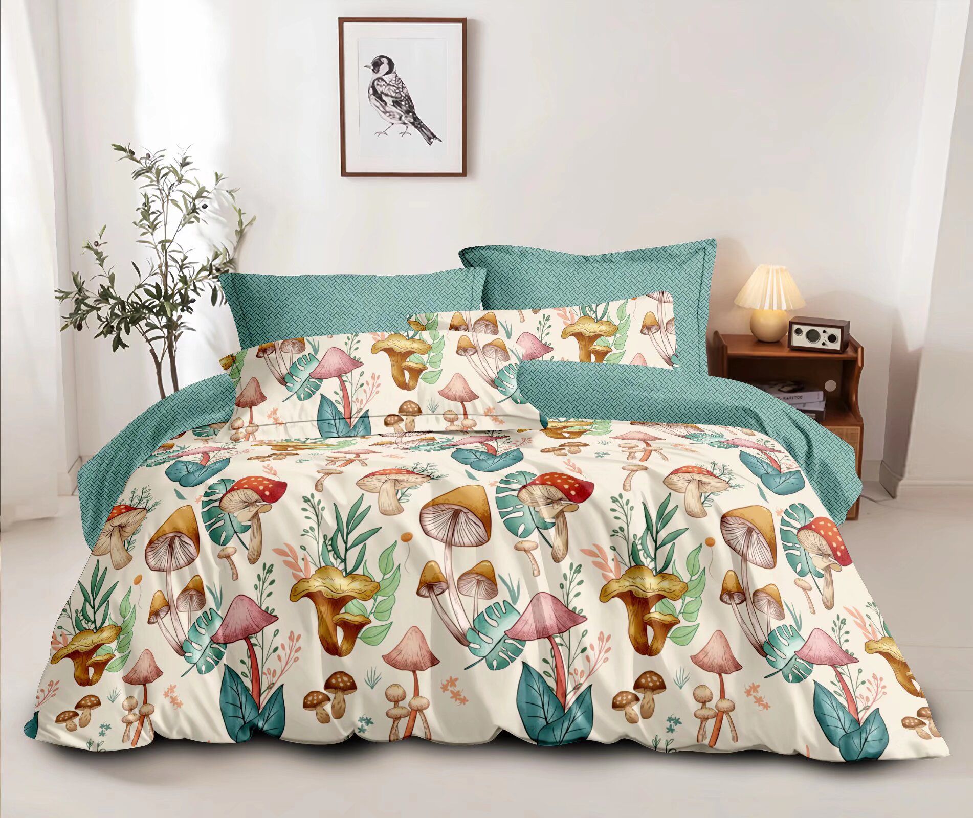 NOVINKA 2026 ! EXKLUZIVNÍ OBOUSTRANNÉ BAVLNĚNÉ POVLEČENÍ NA FRANCOUZSKOU PŘIKRÝVKU 200x220 / 70x90cm - HOUBIČKY