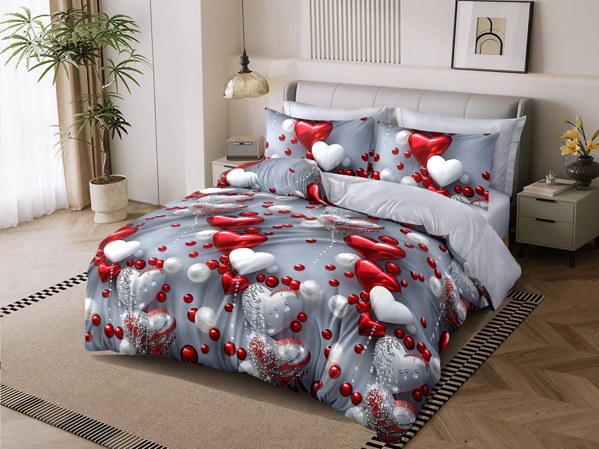 NOVINKA 2026 ! EXKLUZIVNÍ OBOUSTRANNÉ BAVLNĚNÉ POVLEČENÍ NA FRANCOUZSKOU PŘIKRÝVKU 200x220 / 70x90cm - SRDÍČKA S PERLAMI