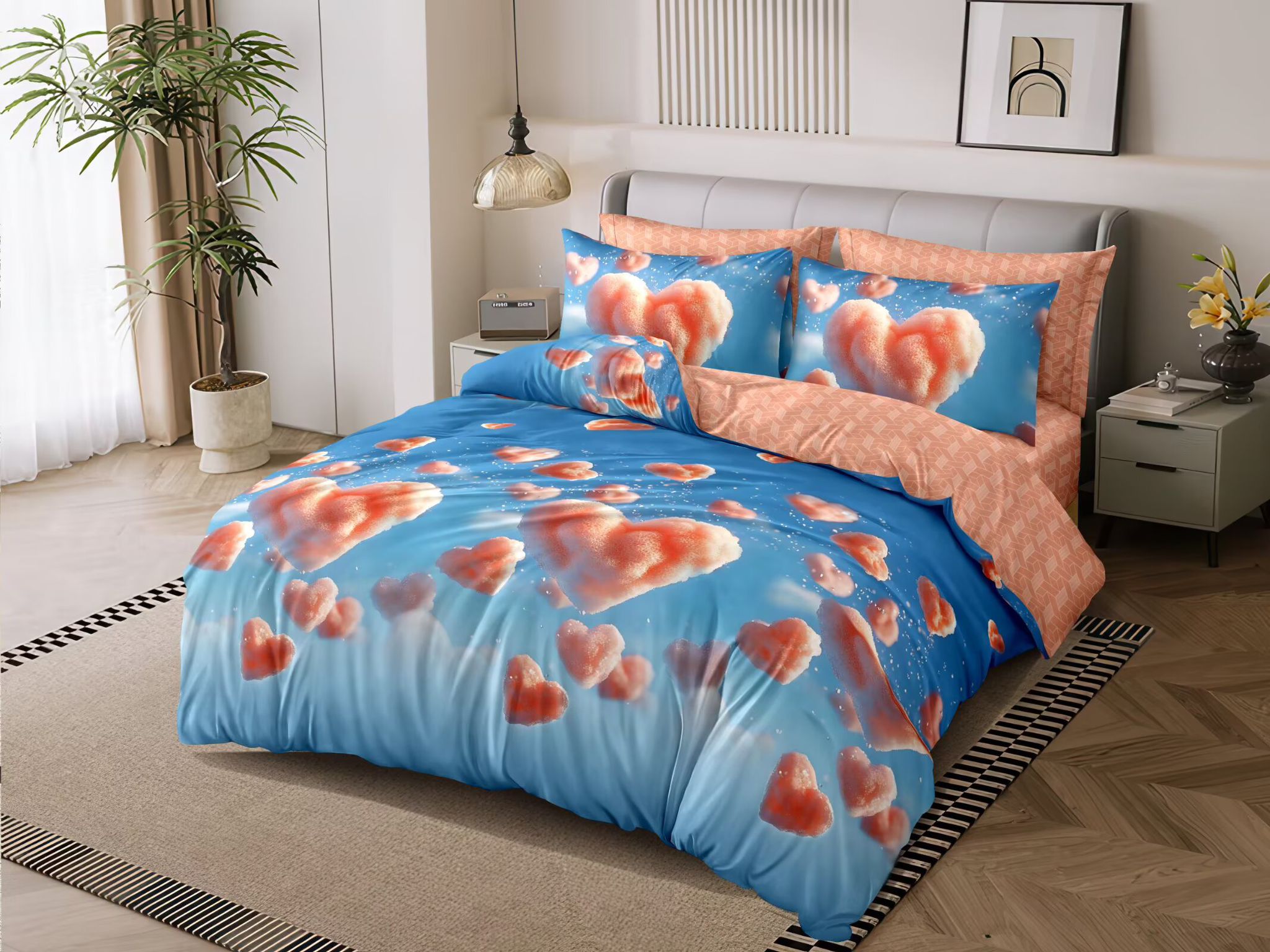 NOVINKA 2026 ! EXKLUZIVNÍ OBOUSTRANNÉ BAVLNĚNÉ POVLEČENÍ NA FRANCOUZSKOU PŘIKRÝVKU 200x220 / 70x90cm - SRDÍČKA NA NEBI