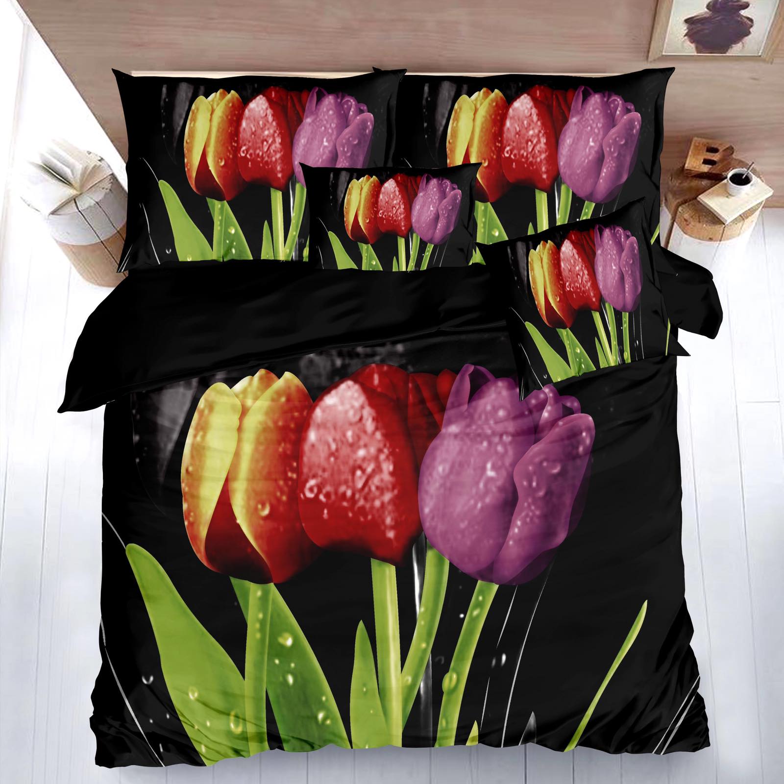 TOTÁLNÍ MASAKR CEN ! SADA POVLEČENÍ S 3D EFEKTEM - TULIPÁNY - NA 2 POSTELE 140x200/70x90 cm + PROSTĚRADLO ZDARMA ! 