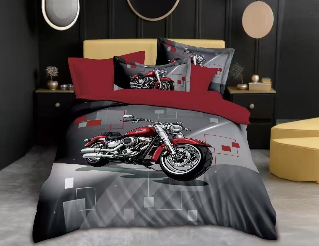 Novinka 2026 ! Bavlněné povlečení s 3D efektem na 2 postele -140×200/70×90 cm - MOTOCYKL + prostěradlo zdarma