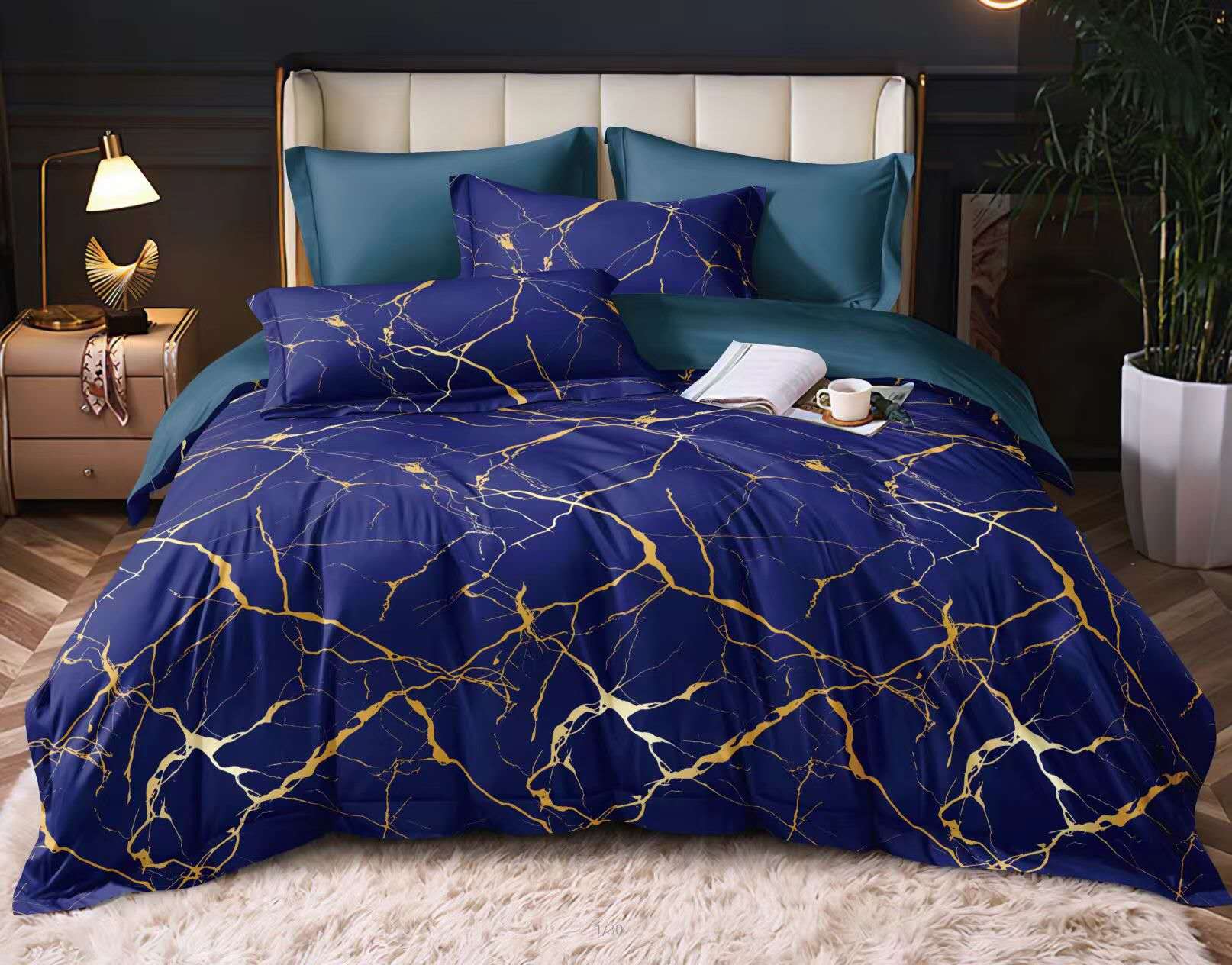 NOVINKA 2026 ! OBOUSTRANNÉ BAVLNĚNÉ POVLEČENÍ na 2 postele -140×200/70×90 cm - MRAMOR - MODRÝ + prostěradlo zdarma !