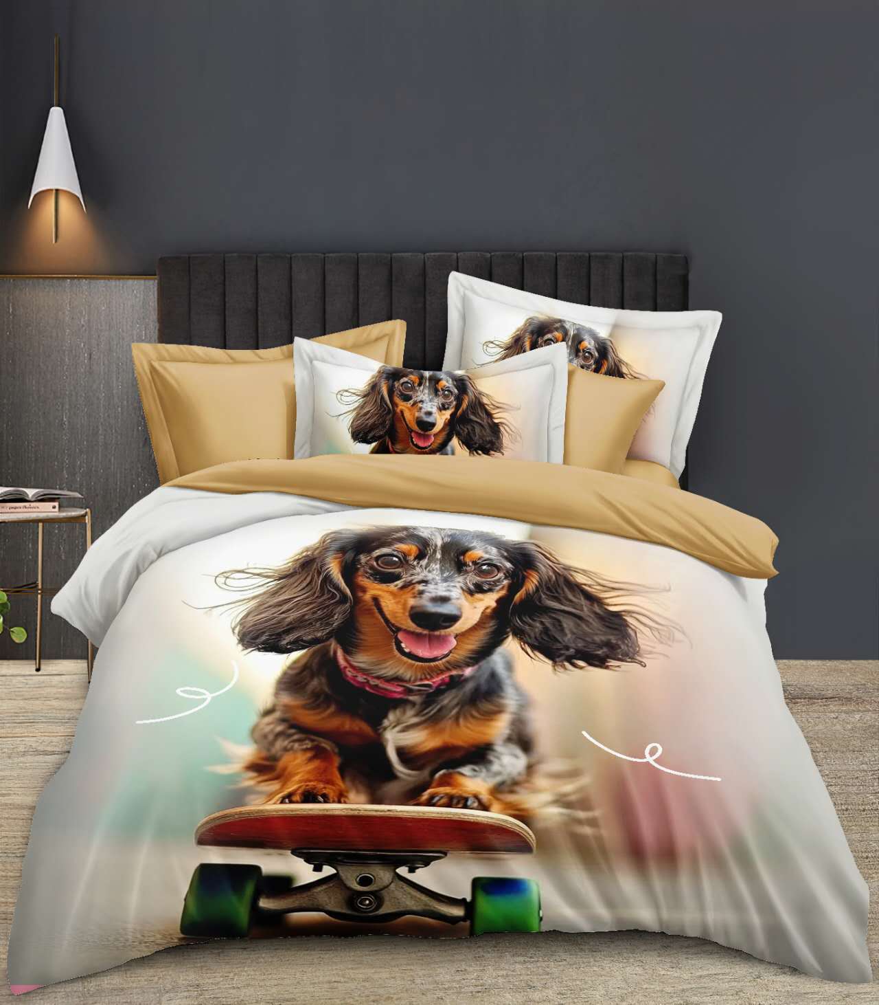 Novinka 2026 – Roztomilé 3D obliečky 140x200/70x90 cm – Jazvečík na Skateboarde + obliečka na vankúšik ZADARMO