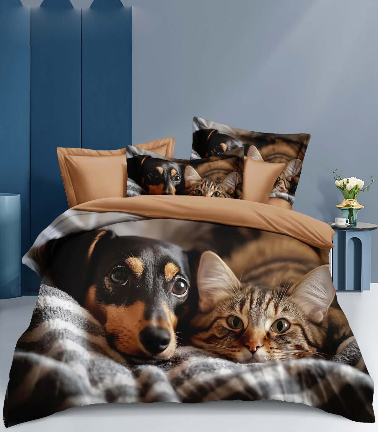 Novinka 2026 – Roztomilé 3D povlečení 140x200/70x90 cm – Jezevčík a Kotě pod Dekou + povlak na polštářek ZDARMA