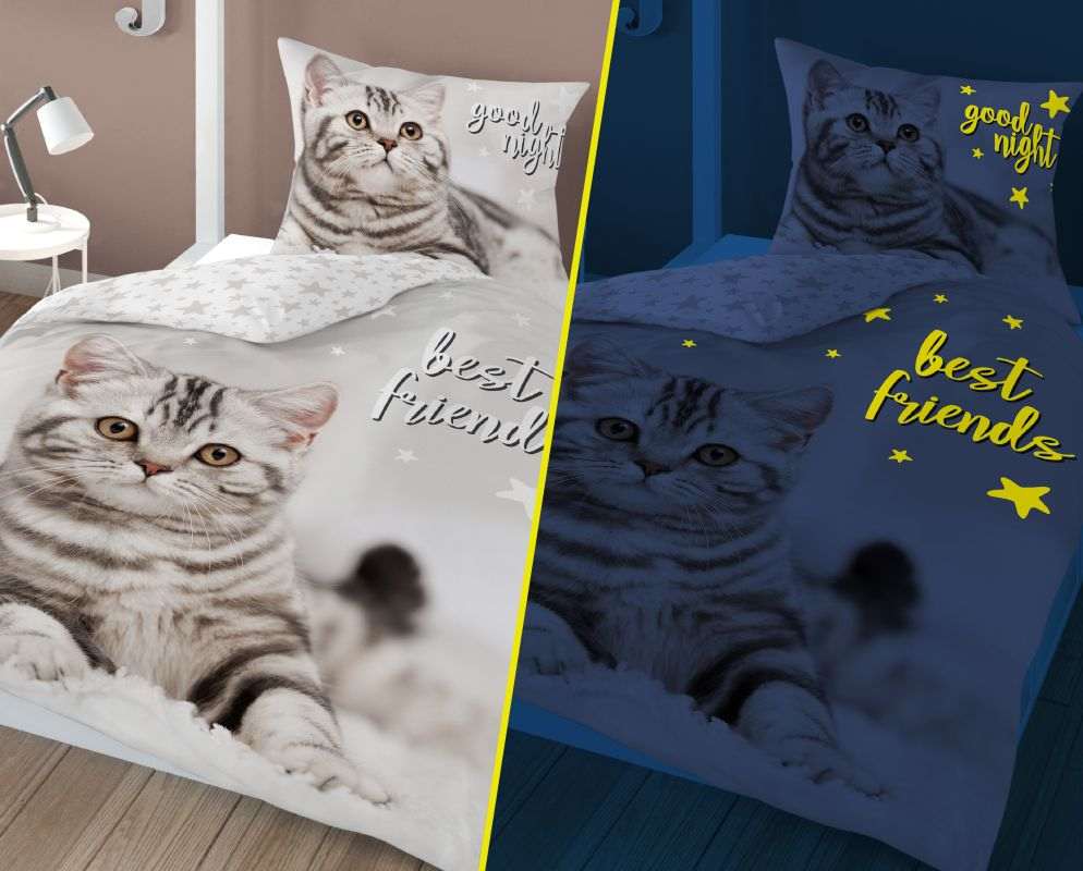 NOVINKA 2026 ! Svítící Bavlněné povlečení KOTĚ – oboustranné, 100% bavlna 140×200 / 70×80 cm (NOVINKA 2026)