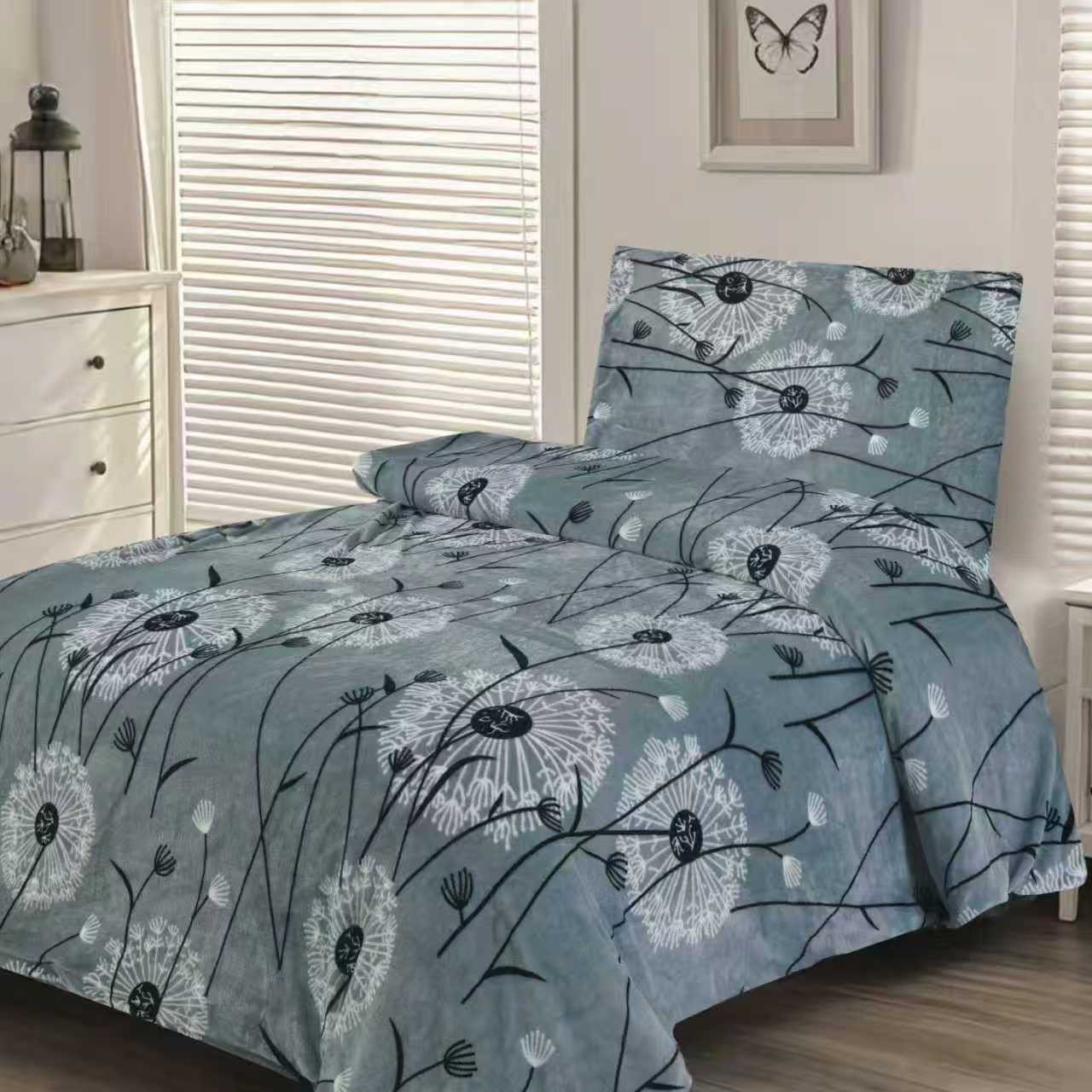 NOVINKA 2026 !  POVLEČENÍ MIKROPLYŠ  70x90/140x200cm -  PAMPELIŠKY SVĚTLE ŠEDÉ